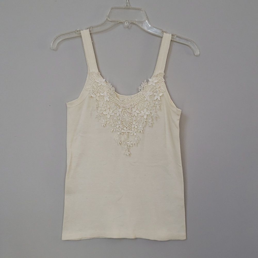 Y2K Kleids Top Womens OS Cream Rib Knit Tank Lace Bib Coquette Girl Made in USA